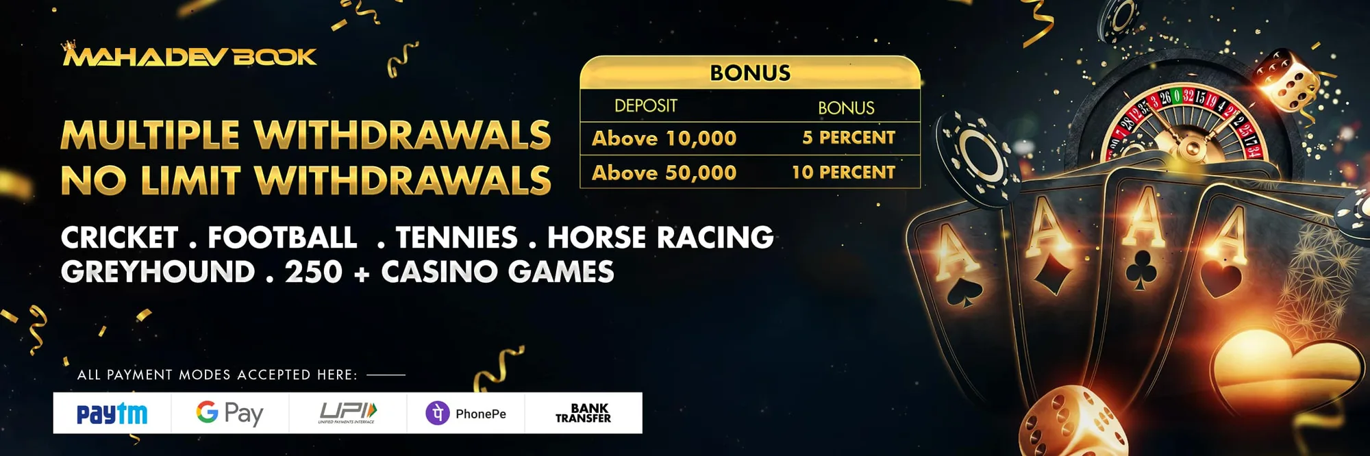 Mahadev Book sports and casino banner with roulette, playing cards and the original bonus table