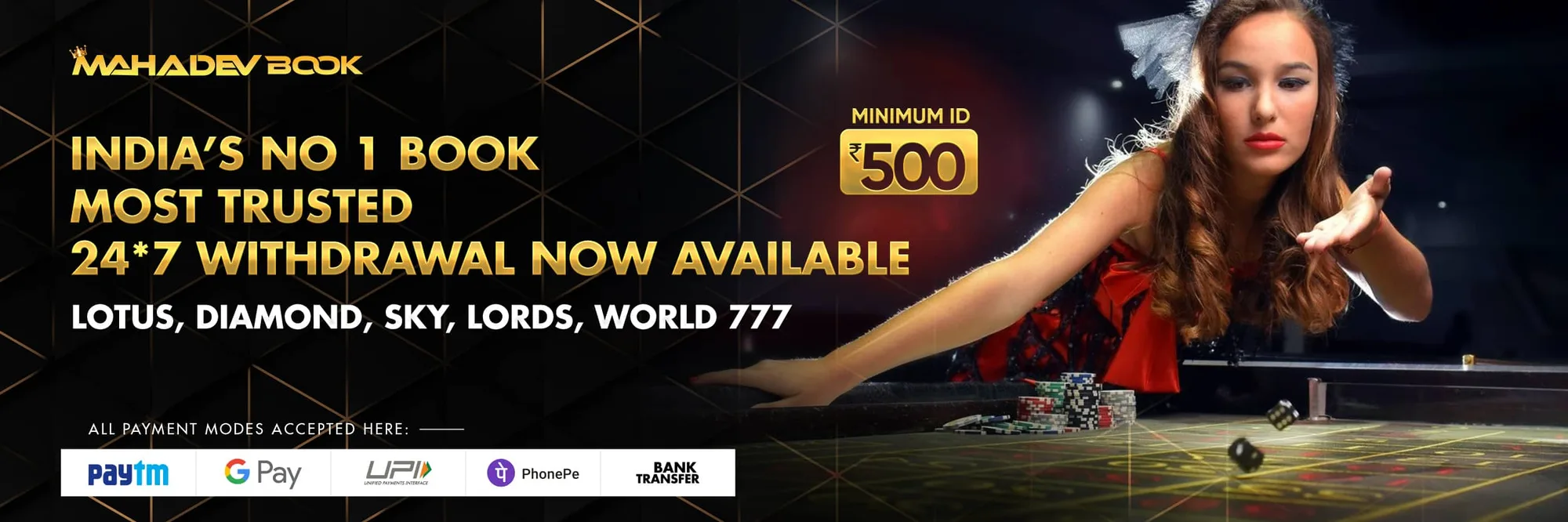 Mahadev Book casino dealer banner with online ID information and listed platforms